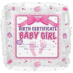 18" Baby Girl Birth Certificate